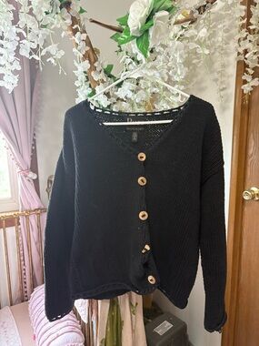 Pure Handknit Black V-Neck Button Front Cardigan Sweater 100% Cotton